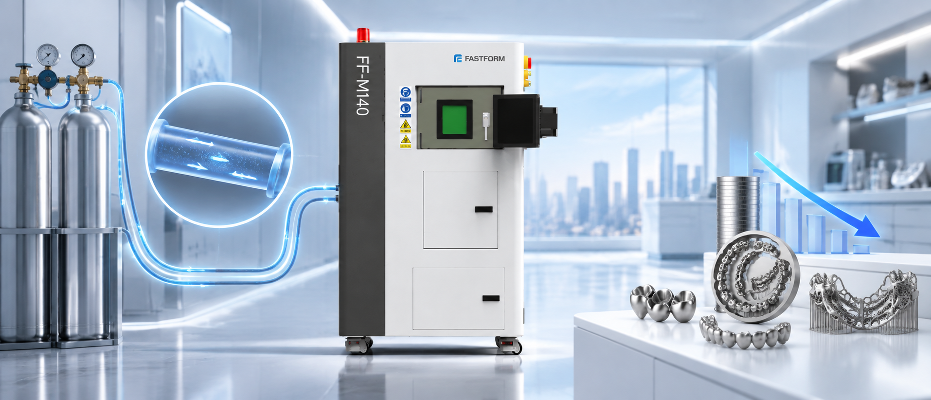 FASTFORM FF-M140 dental metal 3D printer with low-consumption argon or nitrogen gas supply, supporting efficient dental production and reduced operating costs.