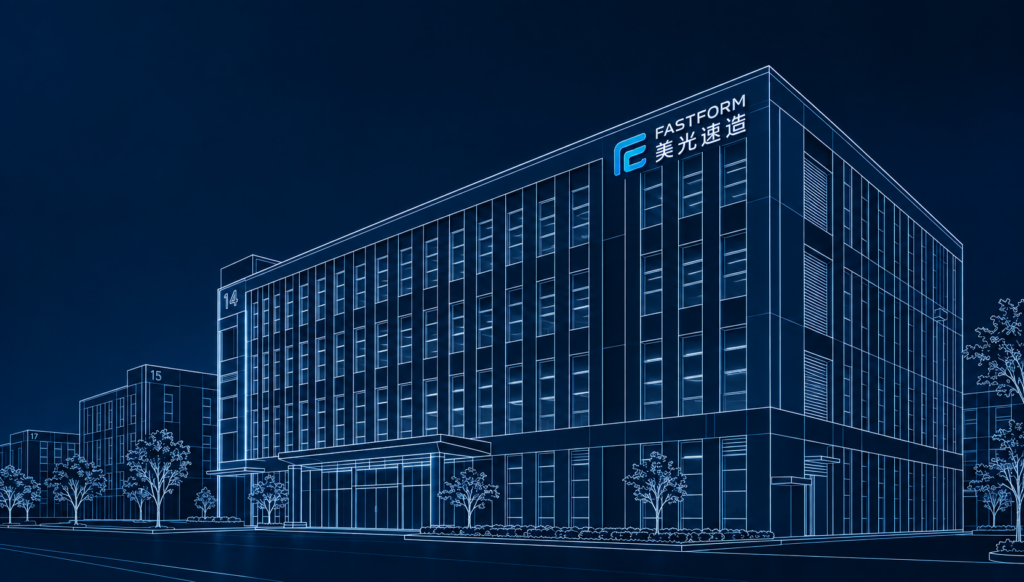 FASTFORM headquarters architectural line art with illuminated corporate signage in a dark blue technology-style background