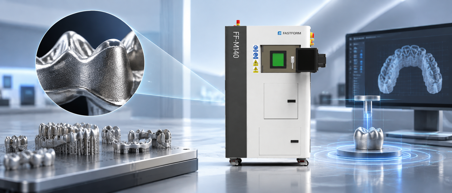 FASTFORM FF-M140 dental metal 3D printer demonstrating high-precision production with detailed crowns, bridges, and dental frameworks, supported by digital scanning and CAD inspection.