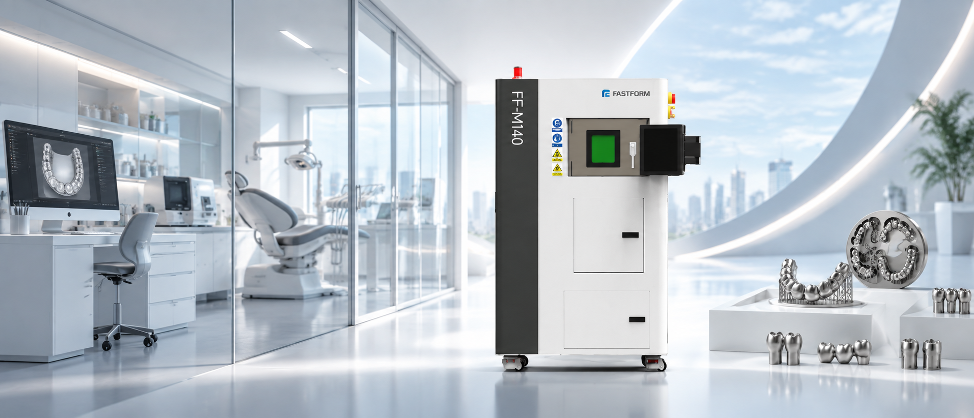 FASTFORM FF-M140 compact dental metal 3D printer integrated into a modern digital dental laboratory with dental CAD workstations and printed crowns, bridges, and denture frameworks.