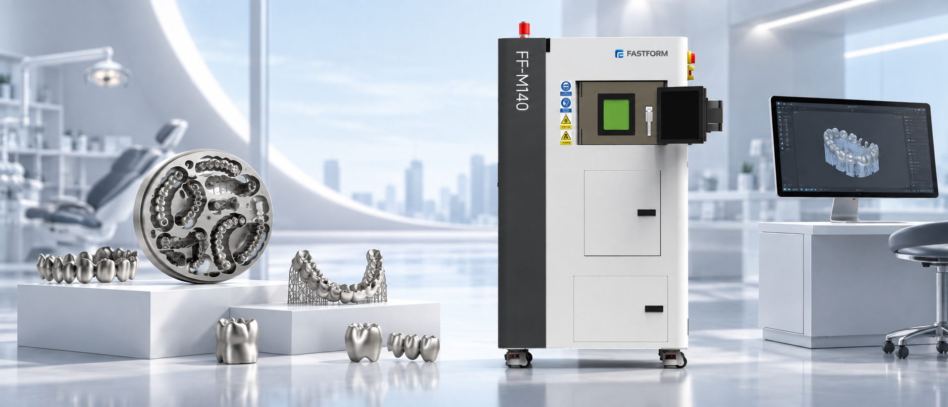 FASTFORM FF-M140 dental metal 3D printer with printed crowns, bridges, denture frameworks, and dental CAD models in a modern digital dental lab.
