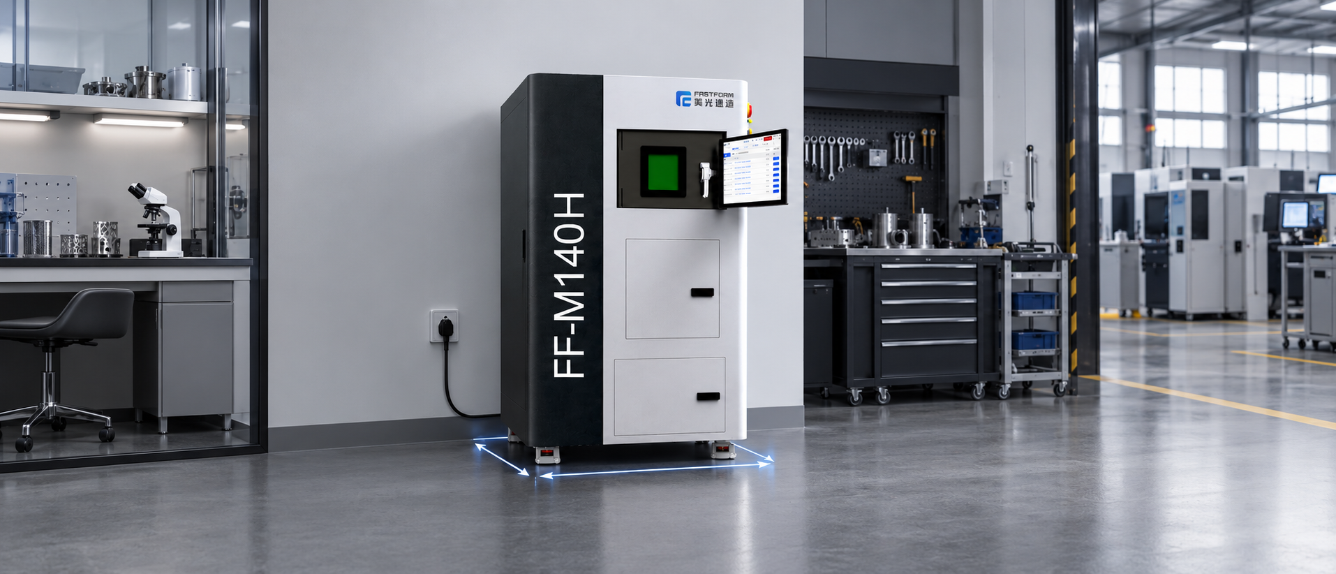 FASTFORM FF-M140H compact metal 3D printer with a small industrial footprint and standard AC 220V power, designed for easy deployment in laboratories, workshops, and distributed manufacturing environments.