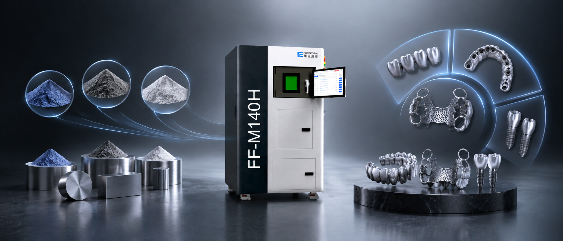 FASTFORM FF-M140H metal 3D printer supporting cobalt-chromium, titanium alloys, and commercially pure titanium for a wide range of dental crowns, bridges, frameworks, and implant components.