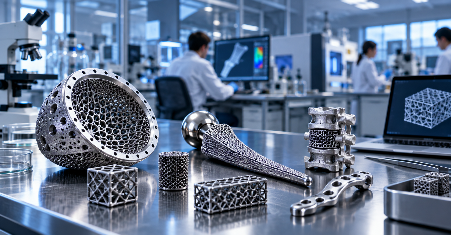 Metal 3D printed orthopedic implants and lattice test samples in a university research laboratory for materials research, process development, and technical training