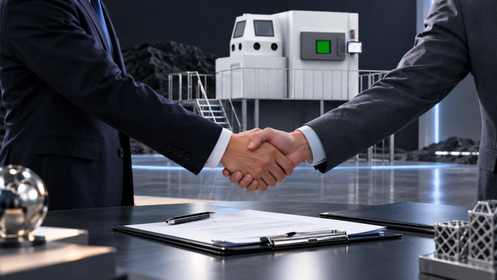 Business handshake and contract signing for the first M800 system order, representing a strategic industrial equipment partnership