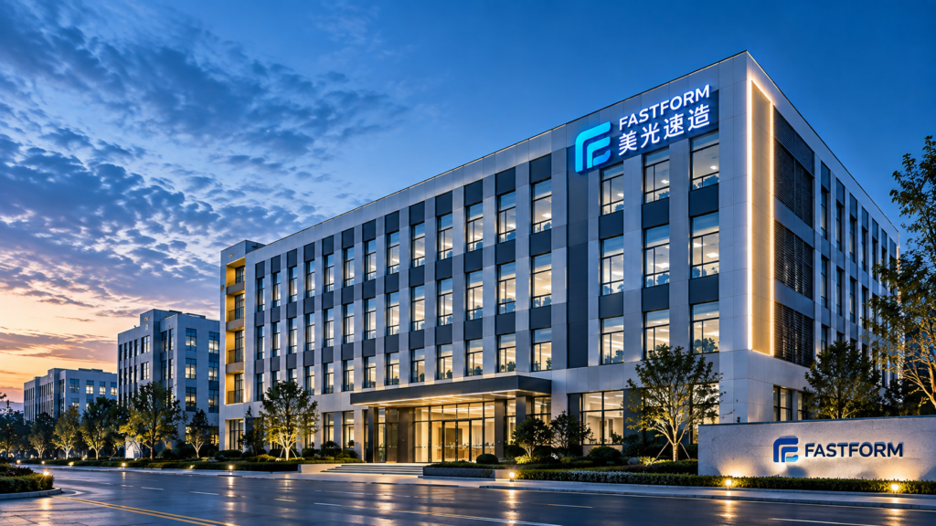 FASTFORM headquarters and office campus at dusk with illuminated corporate signage, modern architecture, and blue-toned industrial technology atmosphere