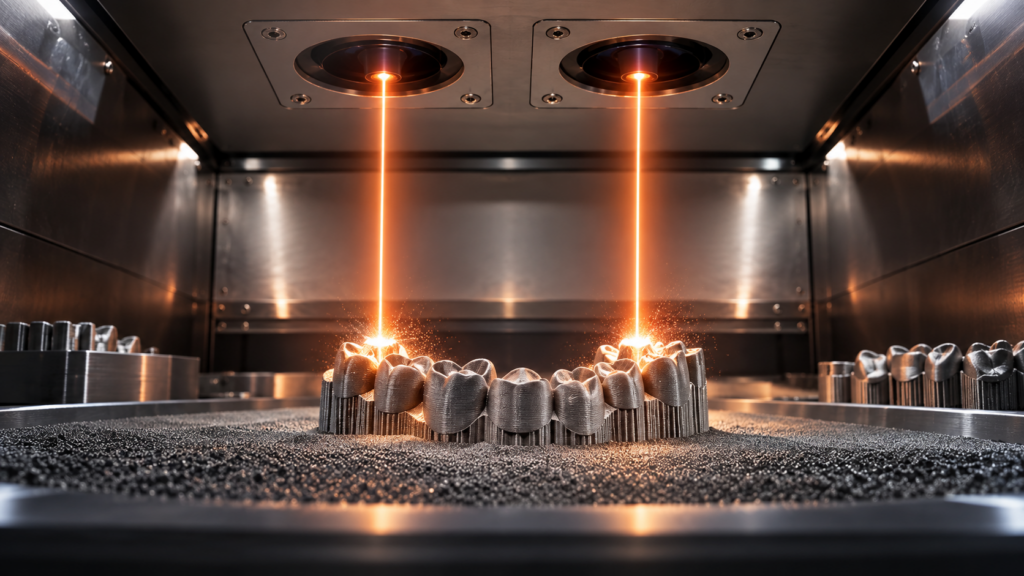Dual-laser metal 3D printing system producing dental components with two synchronized laser beams for high-efficiency batch manufacturing