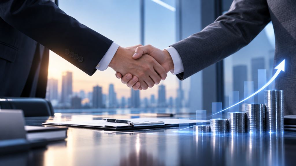 Strategic financing partnership represented by a business handshake, investment growth, and long-term corporate development