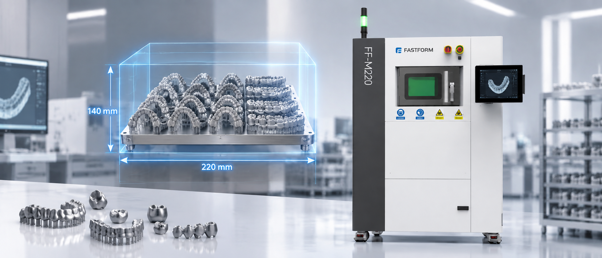 FF-M220 metal 3D printer with 220 × 140 mm build platform for high-density dental batch production of crowns, bridges, and dental components