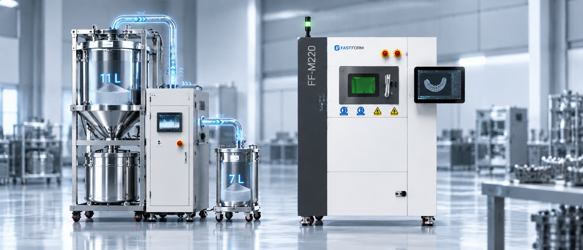 FF-M220 metal 3D printer with 7 L powder supply, optional 11 L external hopper, and 7 L overflow capacity for efficient powder management