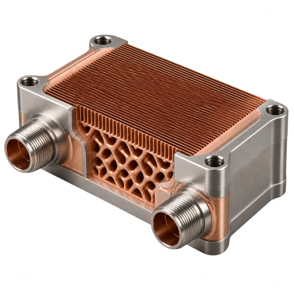 Compact copper heat exchanger with thin fins and internal lattice flow channels.