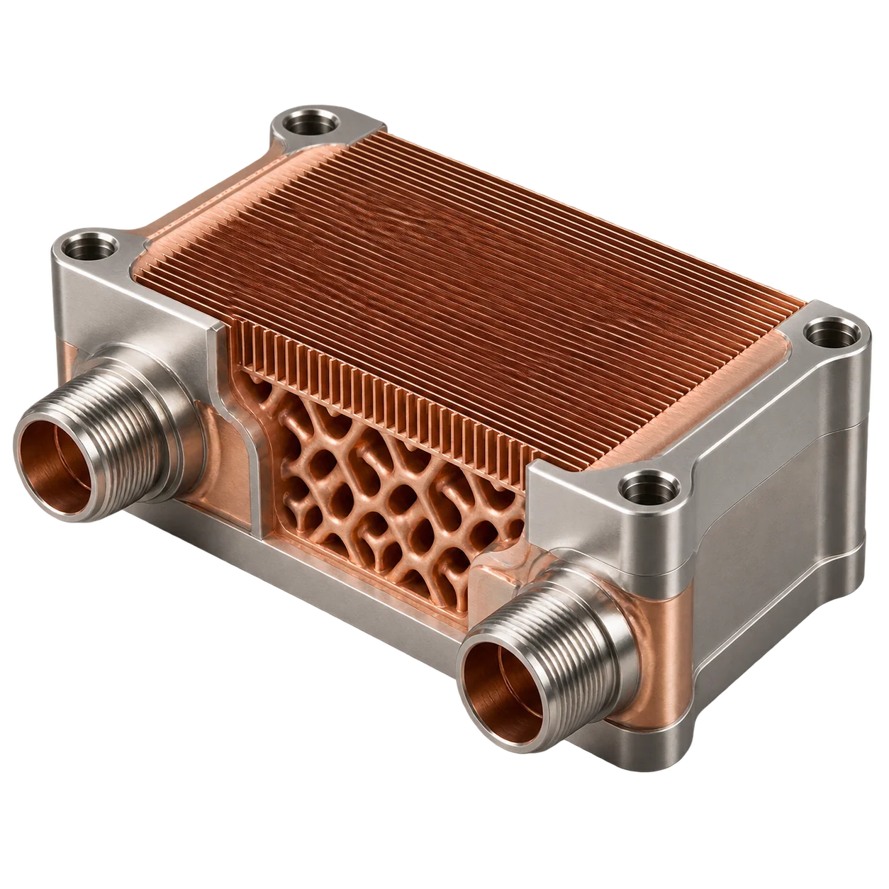 Compact copper heat exchanger with thin fins and internal lattice flow channels.
