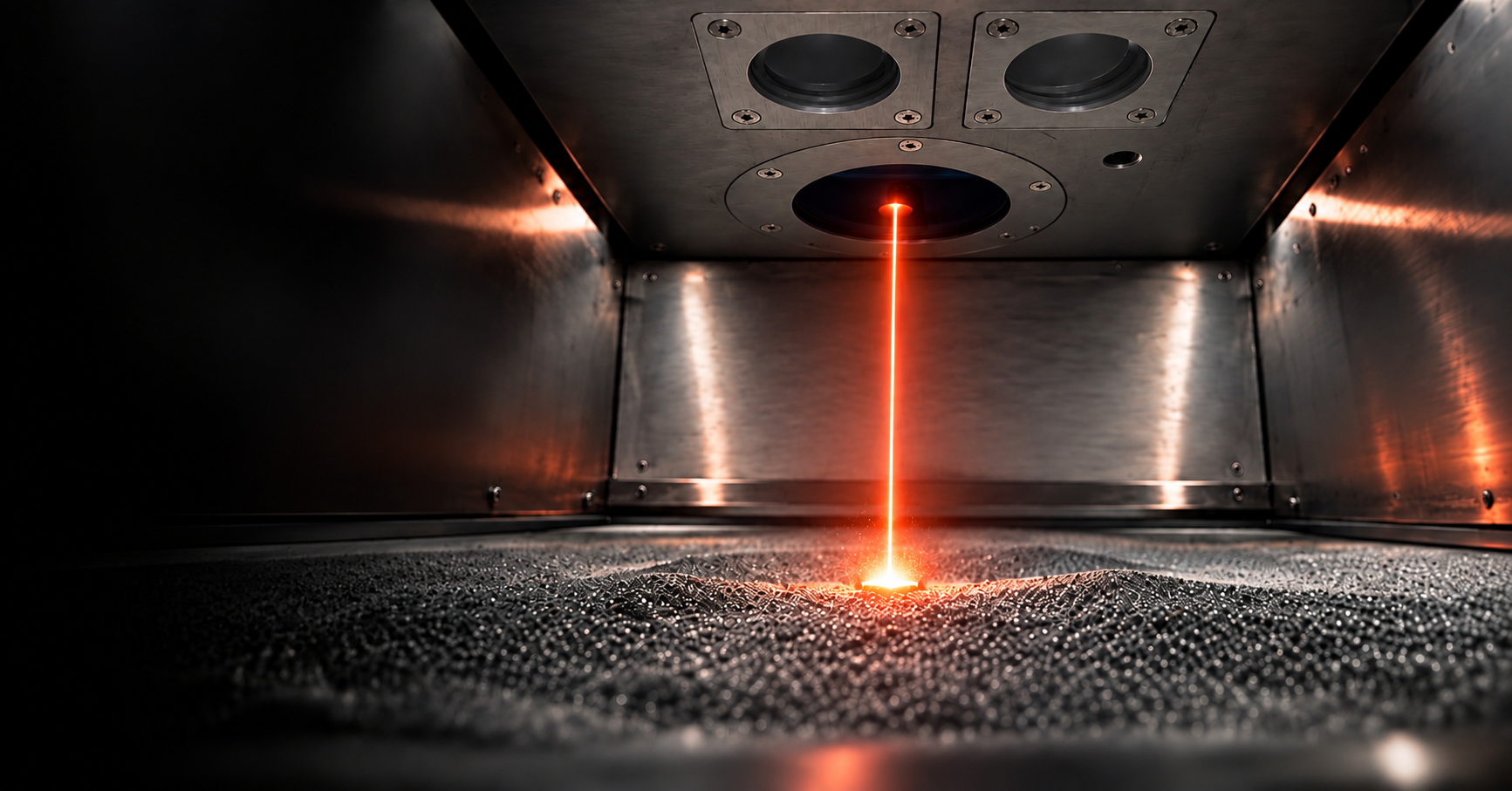 Laser melting process inside a metal 3D printer, showing a focused laser beam fusing metallic powder within a precision additive manufacturing chamber.