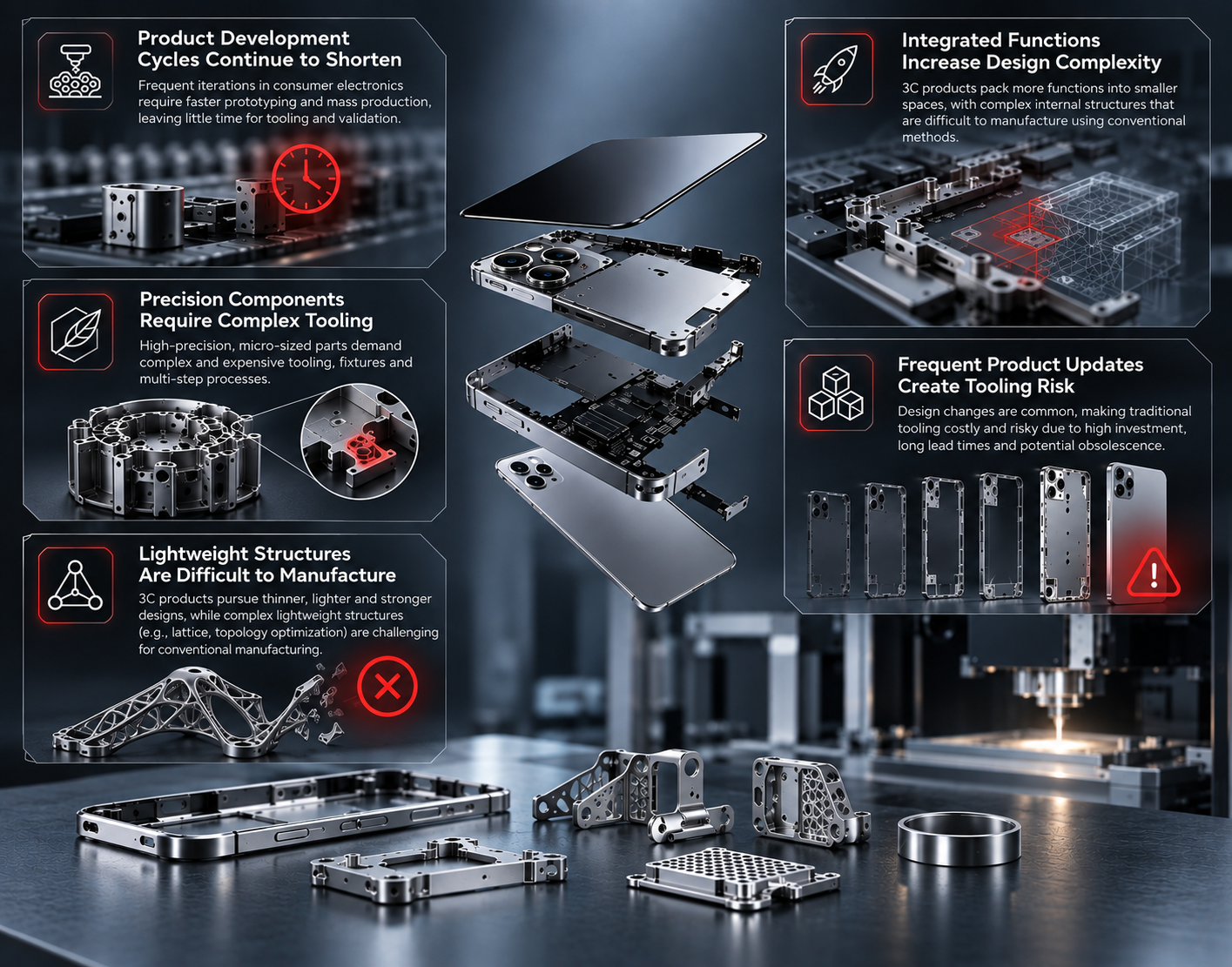 Consumer electronics manufacturing pain points including shorter product development cycles, complex tooling for precision components, lightweight structure challenges, increased design complexity, and tooling risks from frequent product updates.