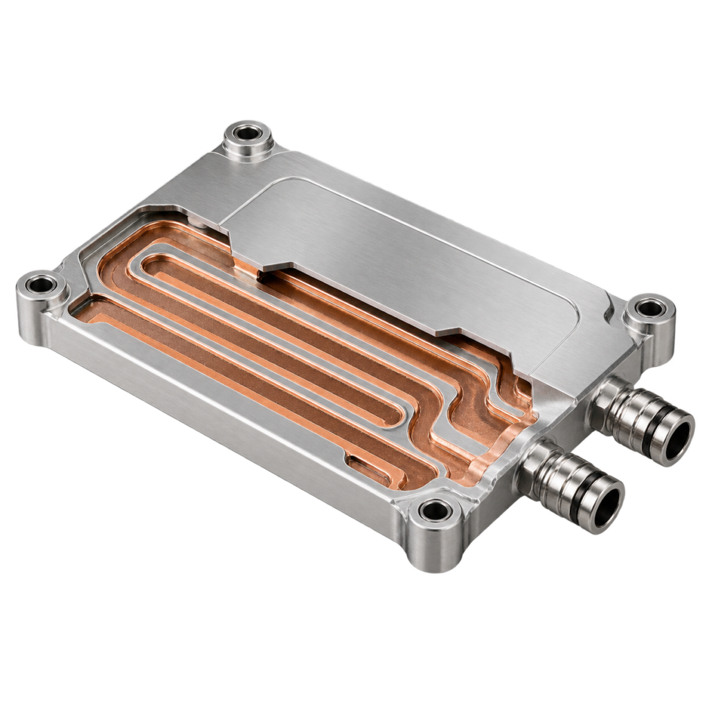 Integrated liquid-cooled metal baseplate for high-power electronic modules.