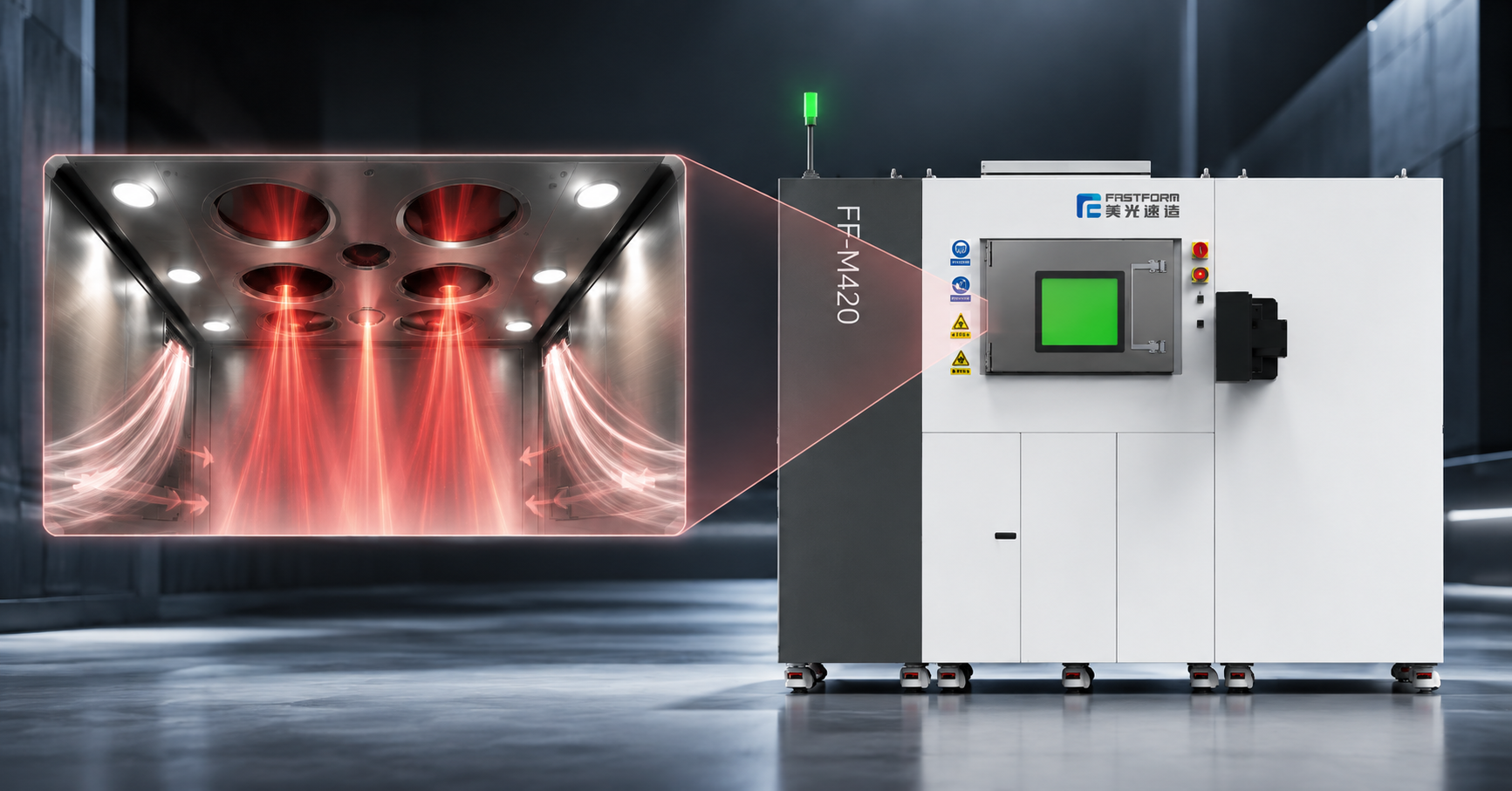 FF-M420 metal 3D printer with suspended optical chamber and thermally isolated multi-lens laser system for stable 24/7 production