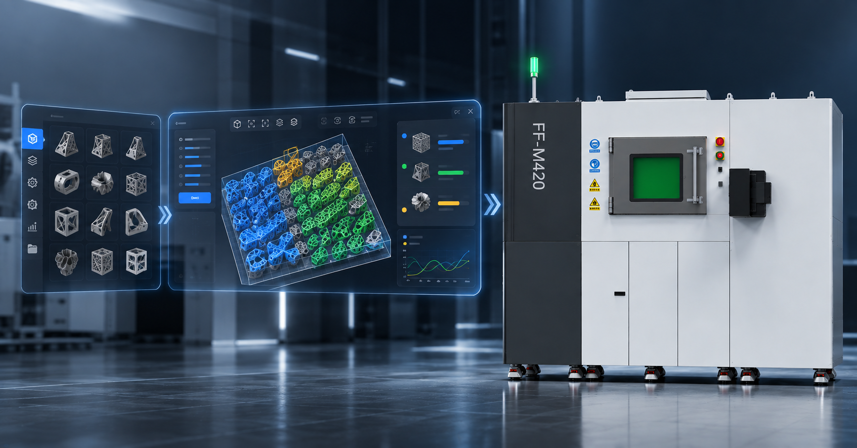 FF-M420 AI-powered multi-laser metal 3D printing system with intelligent part layout, dynamic laser allocation, and optimized scan paths