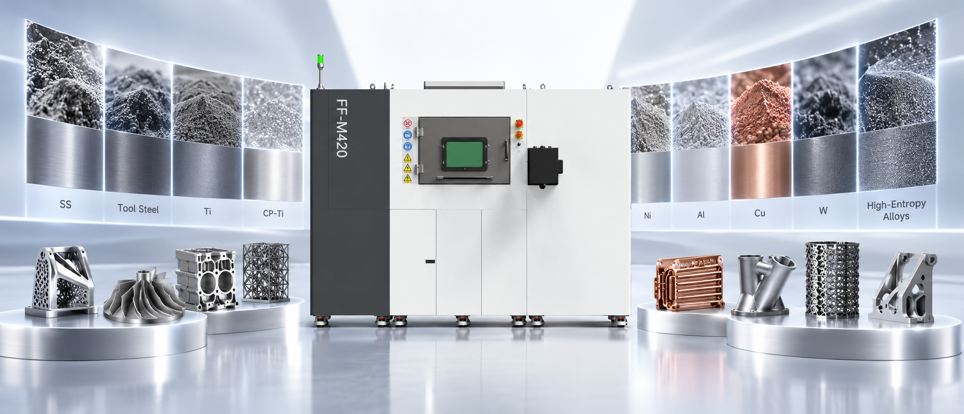 FF-M420 metal 3D printer supporting stainless steel, tool steel, titanium, nickel-based superalloys, aluminum, copper, tungsten, and high-entropy alloys