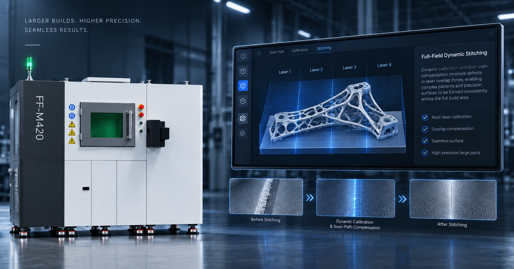FF-M420 metal 3D printer with full-field dynamic stitching, multi-zone scan calibration, and seamless overlap compensation across the build area