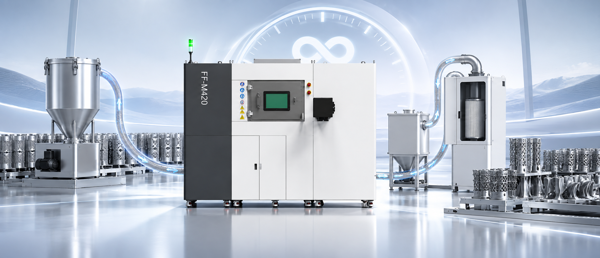 FF-M420 metal 3D printer with high-capacity powder management and permanent filtration for long, uninterrupted production cycles