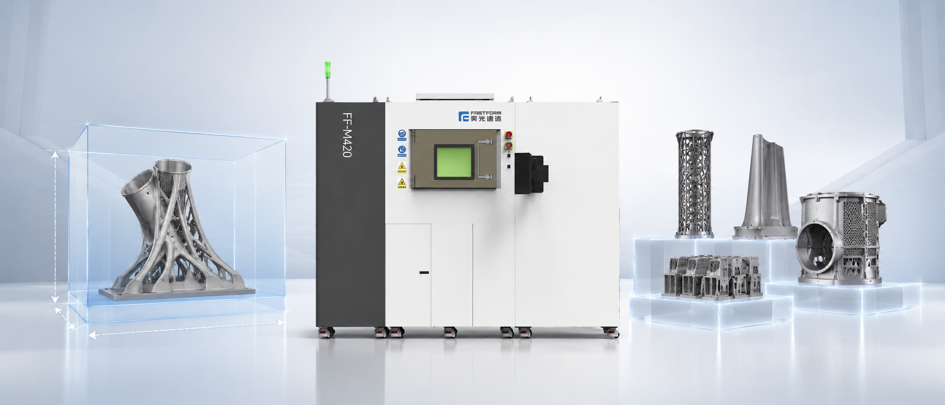 FF-M420 large-format metal 3D printer for 420 × 420 × 520 mm build volume, large components, tall structures, and batch production