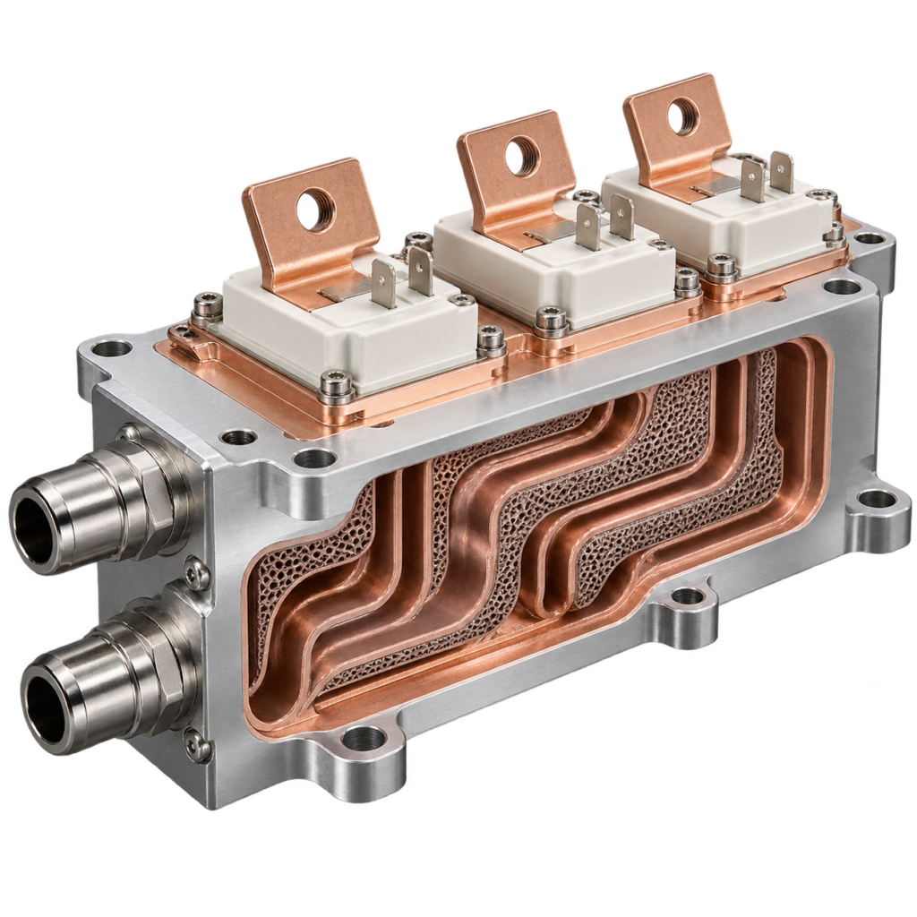 Aluminum and copper liquid cold plate for energy-storage and fast-charging equipment.