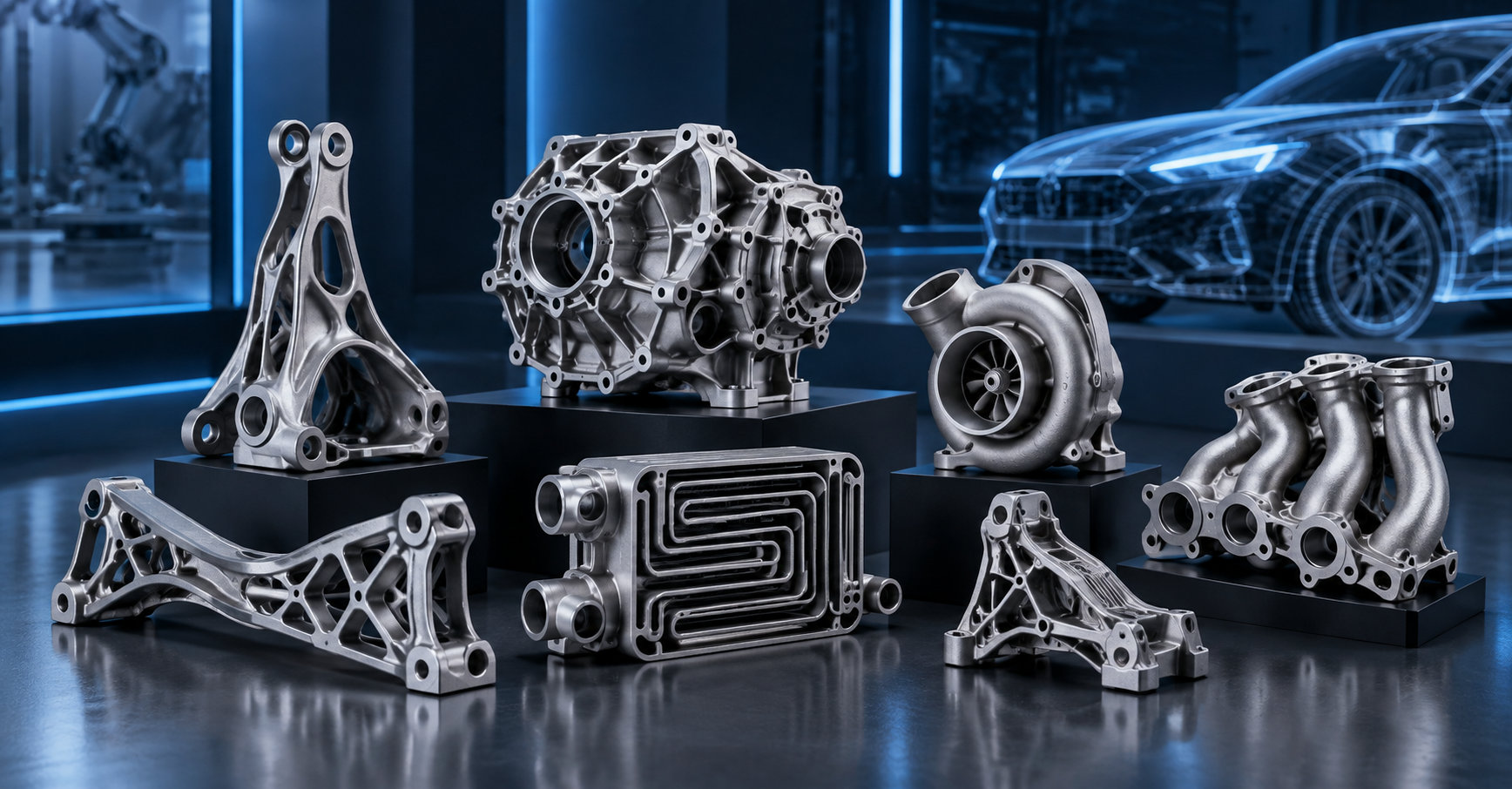 Metal 3D printed automotive components including lightweight structural parts, thermal management components, turbocharger parts, and low-volume performance prototypes