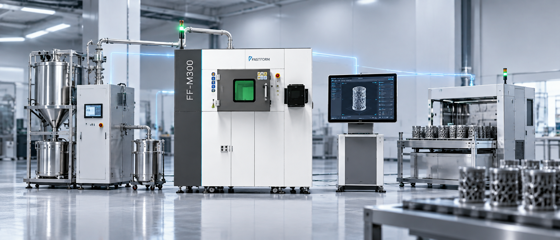 FF-M300 integrated metal 3D printing production line with automated powder handling, process control, and intelligent software for scalable manufacturing