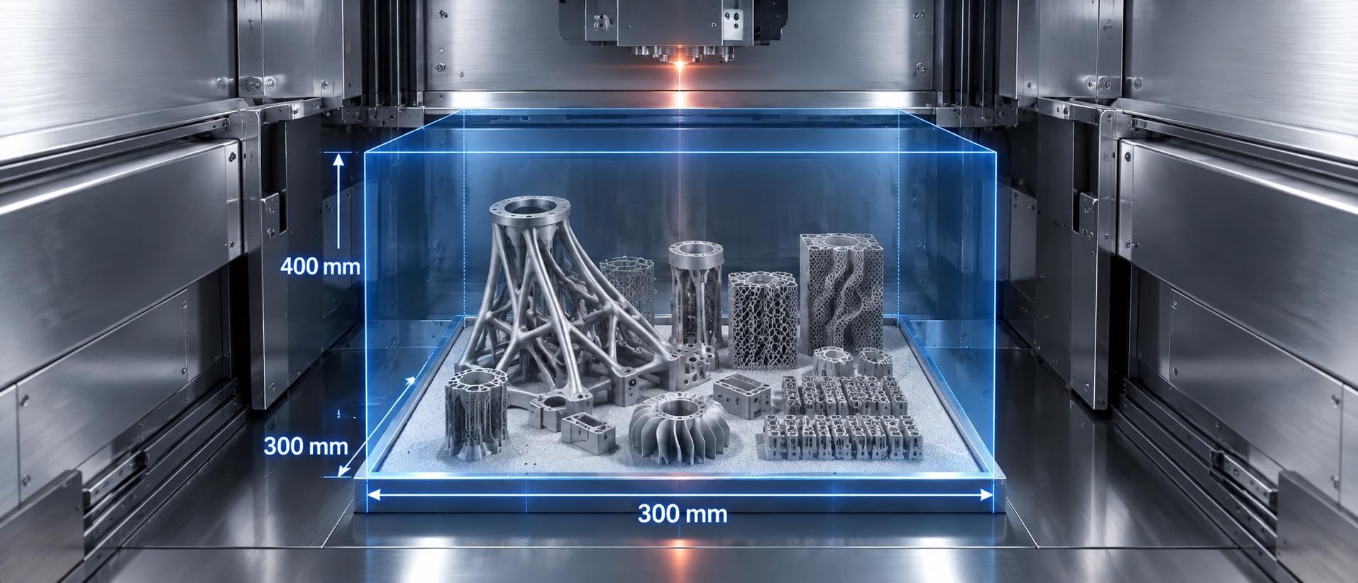 FF-M300 metal 3D printer with 300 × 300 × 400 mm build volume for large parts, dense batch production, and complex internal structures