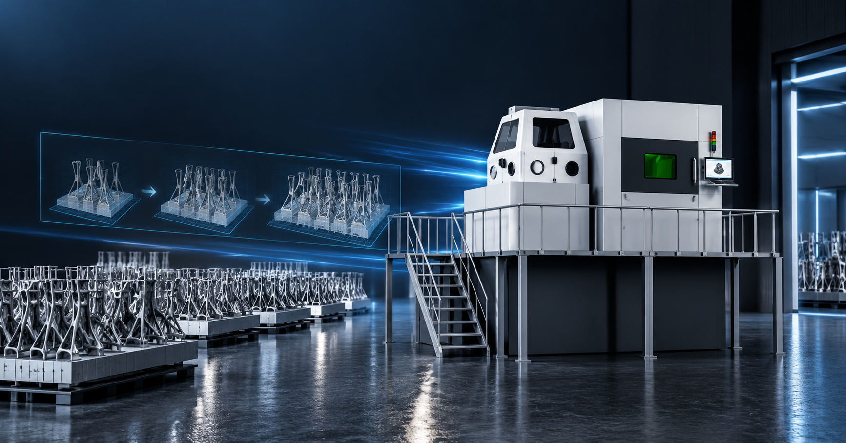 Multi-laser metal 3D printing system for large build areas, batch production, and consistent high-throughput processing