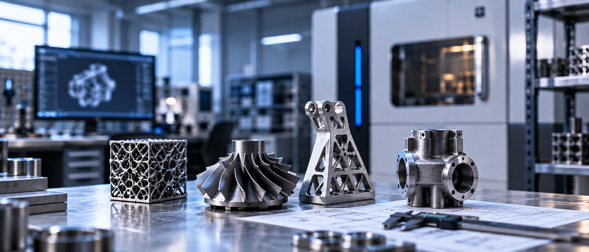 Industrial metal 3D printed prototypes in a modern additive manufacturing lab