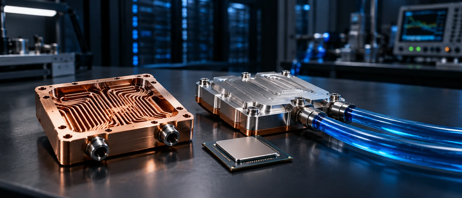 Metal 3D-printed AI chip cold plates with optimized microchannel cooling paths in a thermal-management laboratory.
