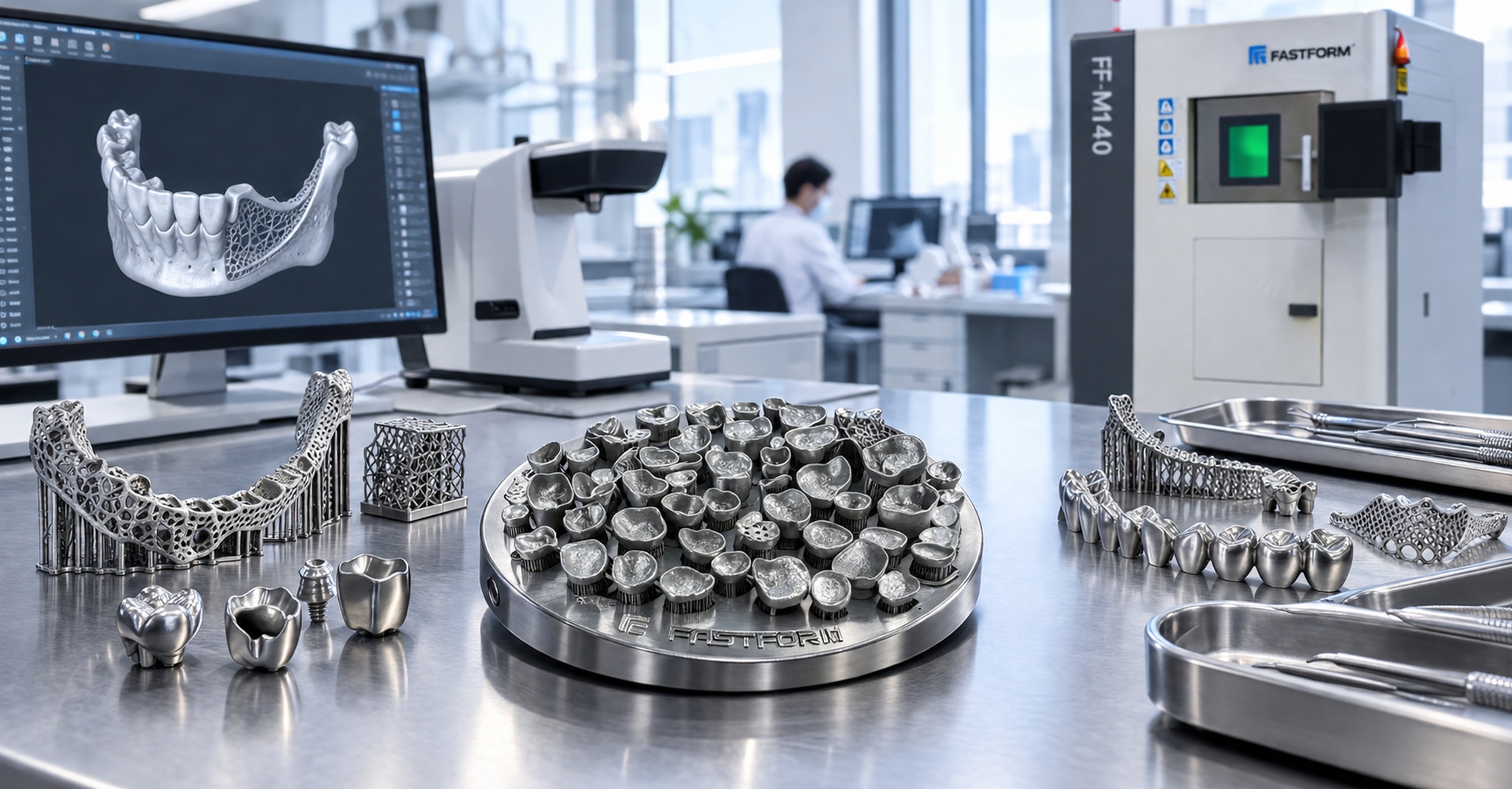 Metal 3D-printed dental crowns, bridges, and frameworks displayed in a modern digital dental laboratory.