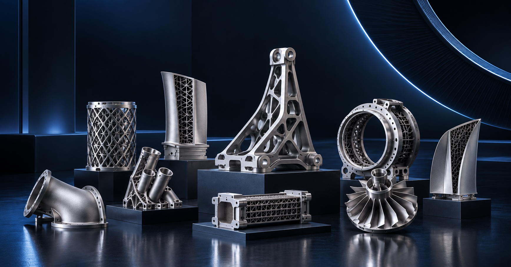 Aerospace metal 3D printed titanium and nickel-alloy components with lightweight lattice structures and integrated geometries