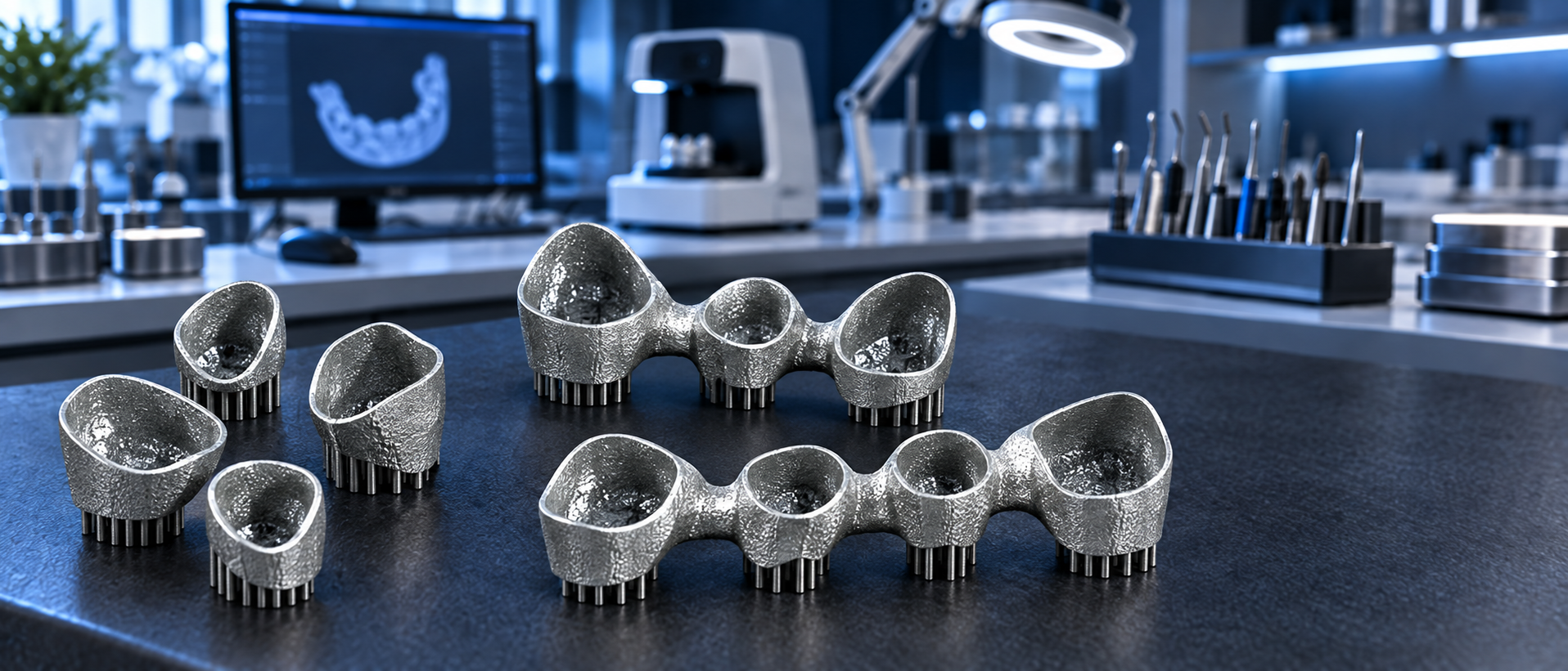 Metal 3D printed dental crown copings and multi-unit bridge frameworks in a digital dental laboratory