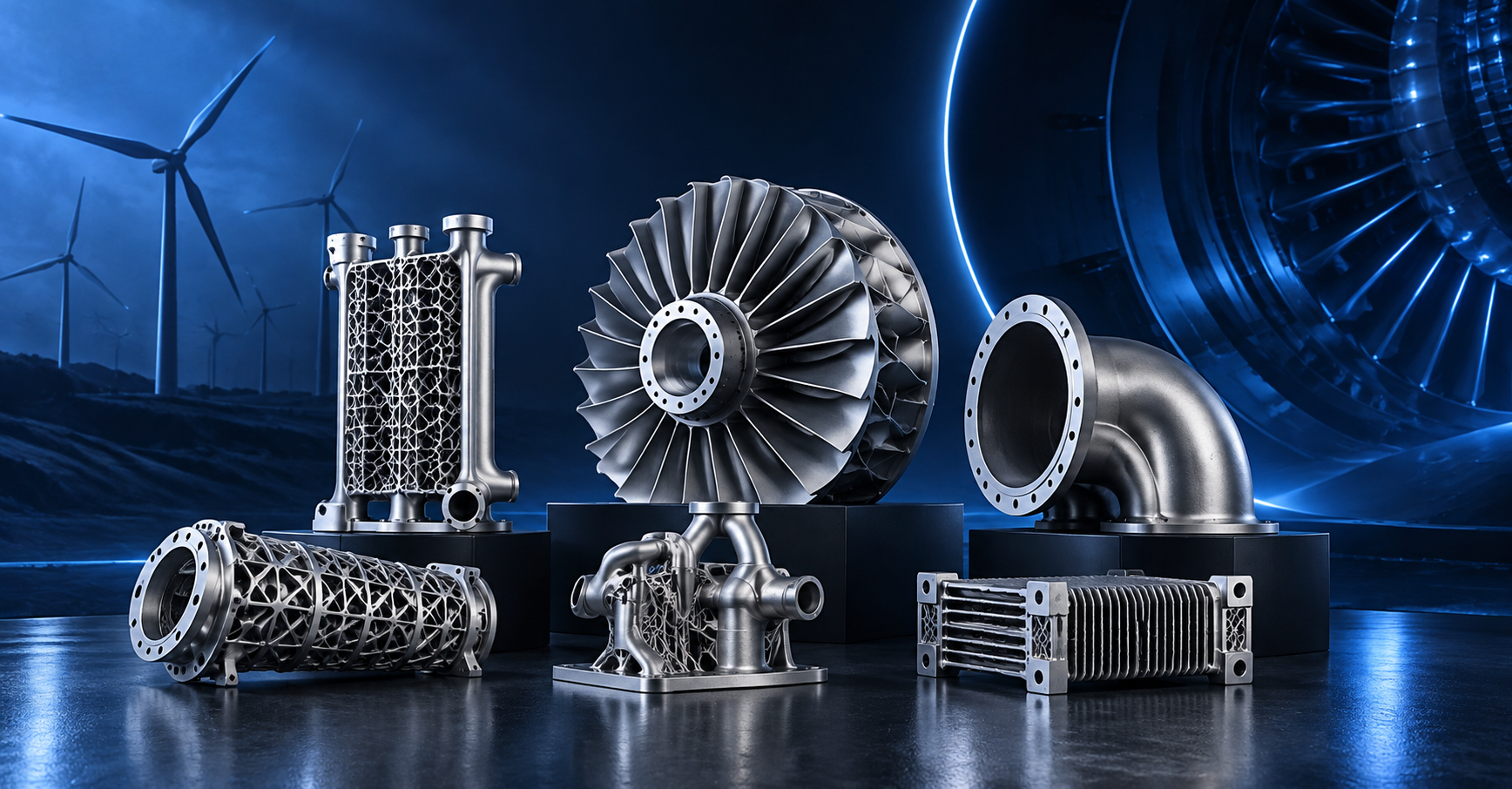 Metal 3D printed energy and power system components including turbine parts, heat exchangers, and large flow structures