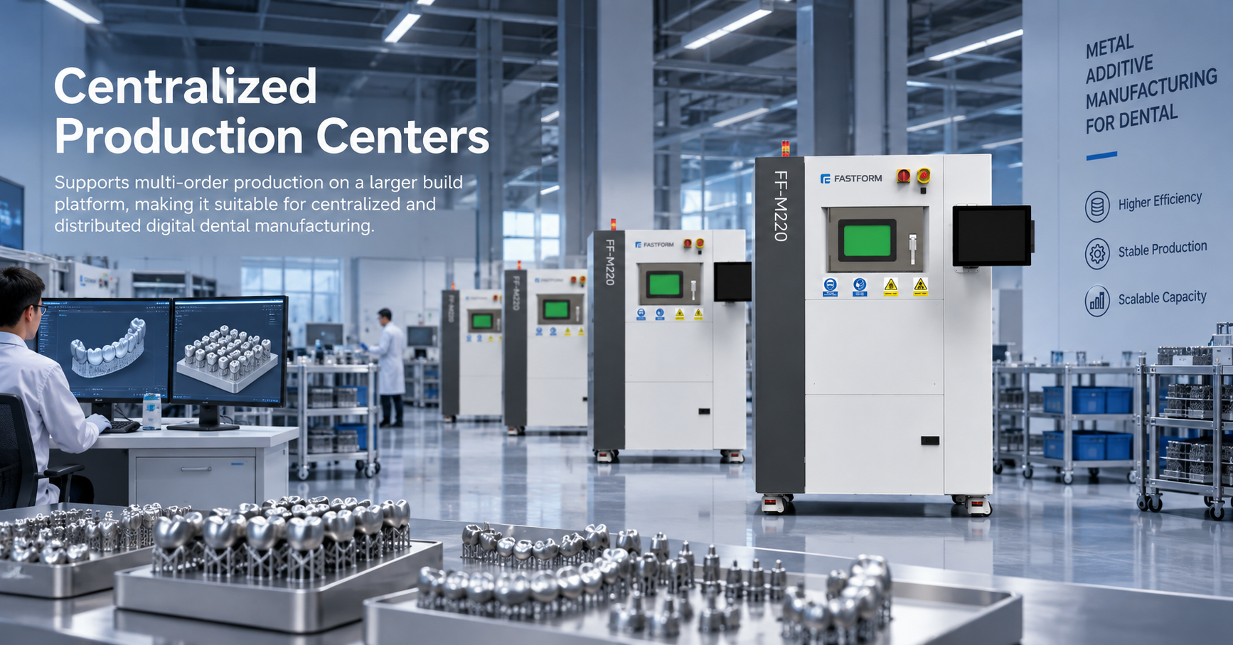 Centralized dental metal 3D printing production center with multiple FF-M220 systems and batch-manufactured metal crowns, bridges, and dental components
