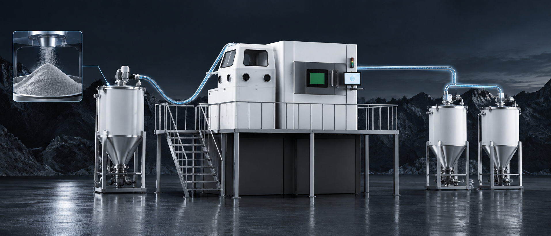 High-capacity powder management system with 55 L powder supply and dual 350 L overflow containers for long-duration metal 3D printing