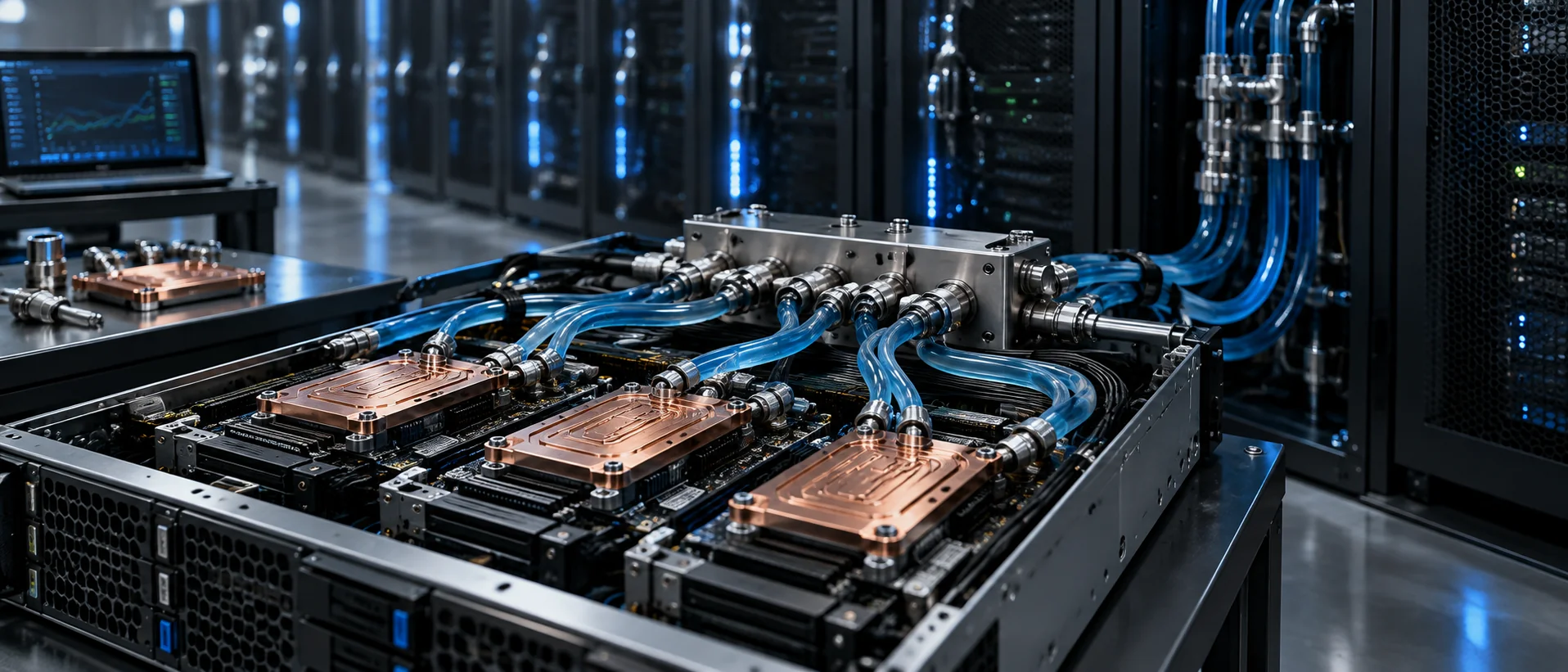 Customized copper liquid-cooling plates and distribution manifolds installed in a high-performance data-center server.