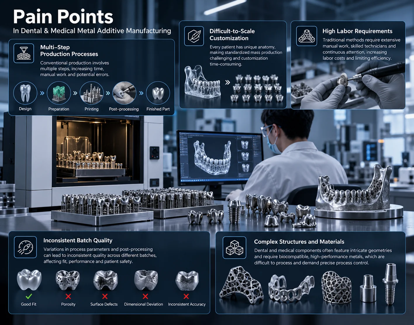 Dental and medical metal additive manufacturing pain points, including multi-step production, difficult-to-scale customization, high labor requirements, inconsistent batch quality, and complex structures and materials.
