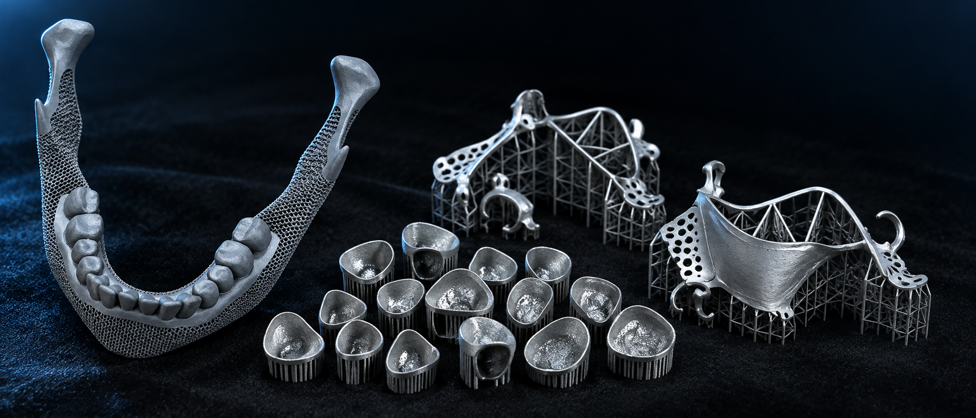 Metal 3D printed dental crowns, denture frameworks and mandibular implant samples