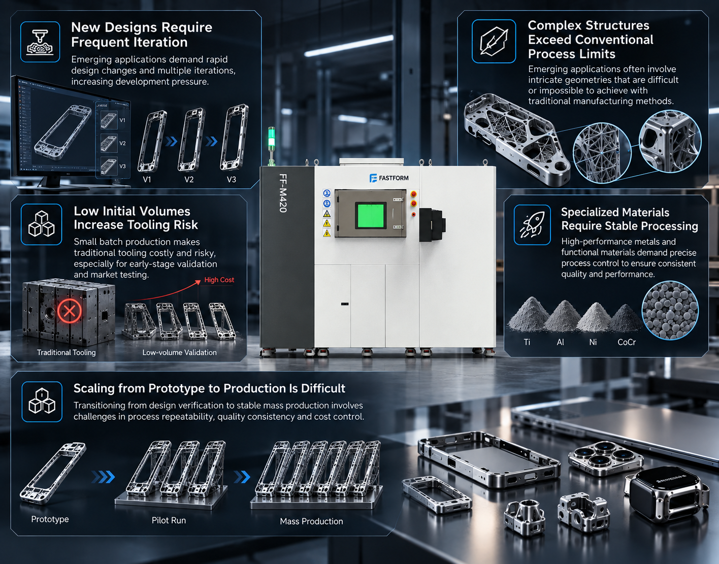 Emerging-industry metal additive manufacturing pain points, including frequent design iteration, complex geometries beyond conventional processes, low-volume tooling risk, specialized material processing, and challenges scaling from prototype to production.