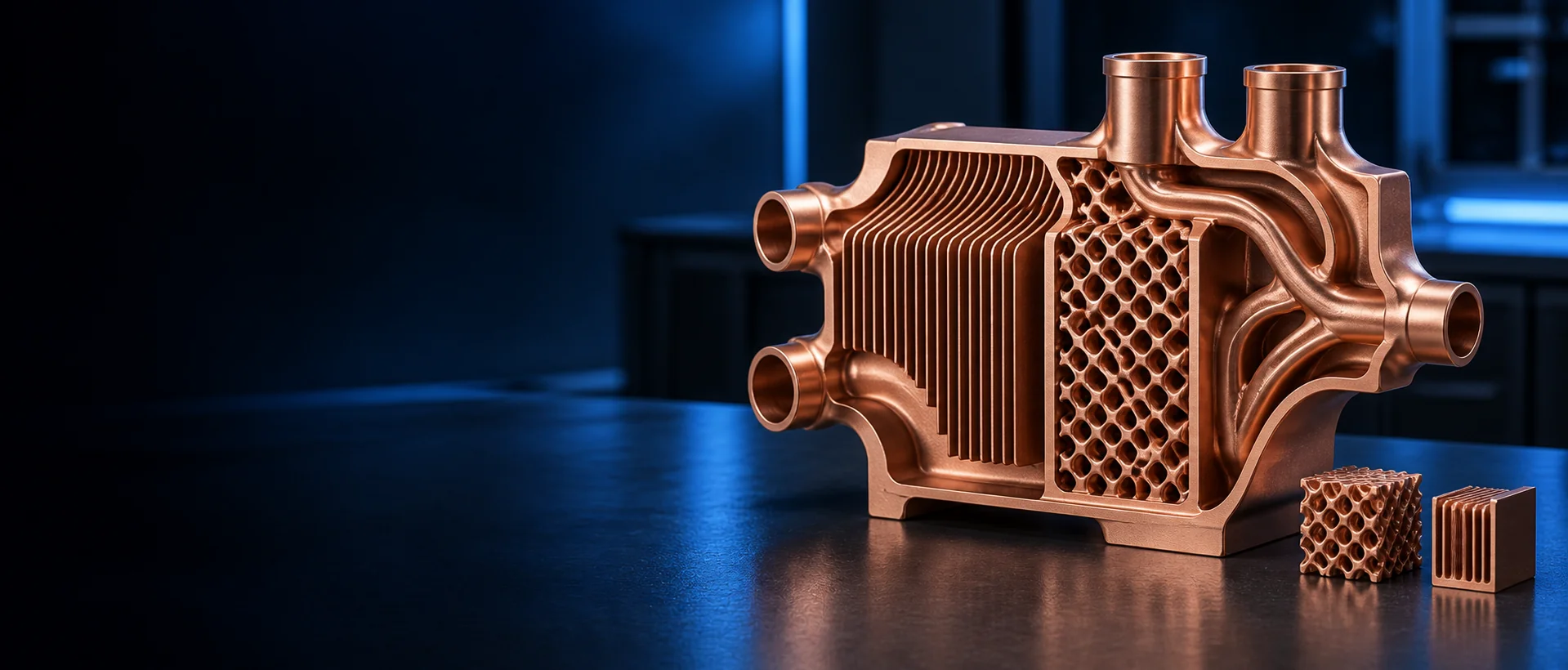 Integrated 3D-printed copper thermal component featuring thin fins, TPMS lattice structures and internal manifold channels.