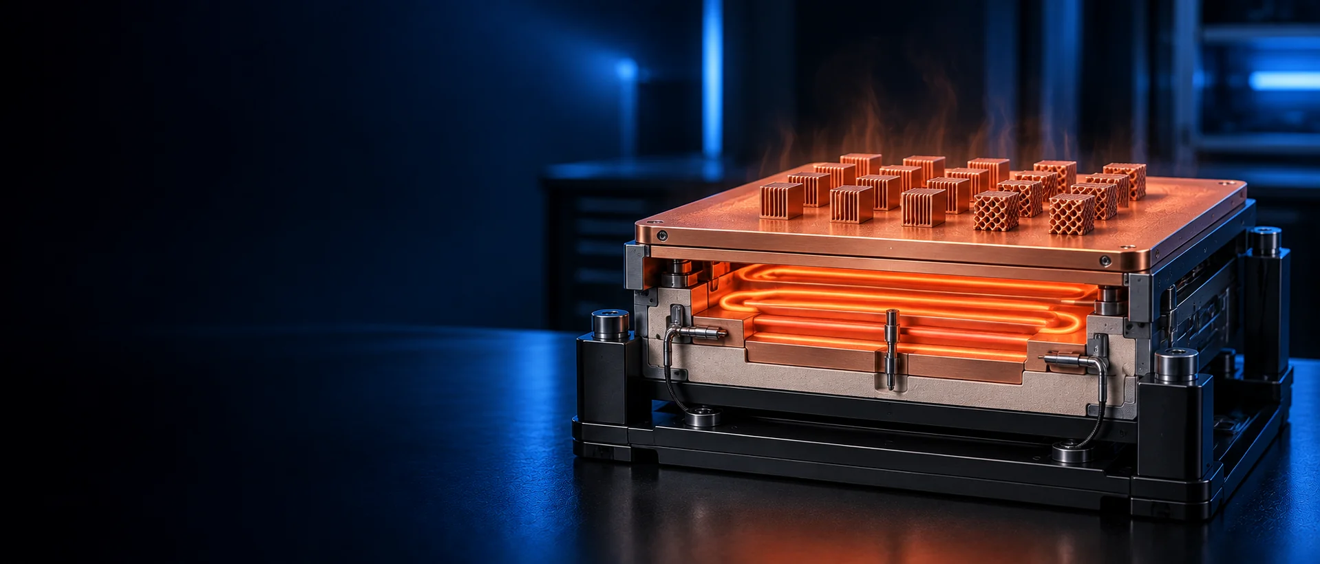 High-temperature additive manufacturing build platform with uniform embedded heating and precision temperature sensors for controlled copper processing.