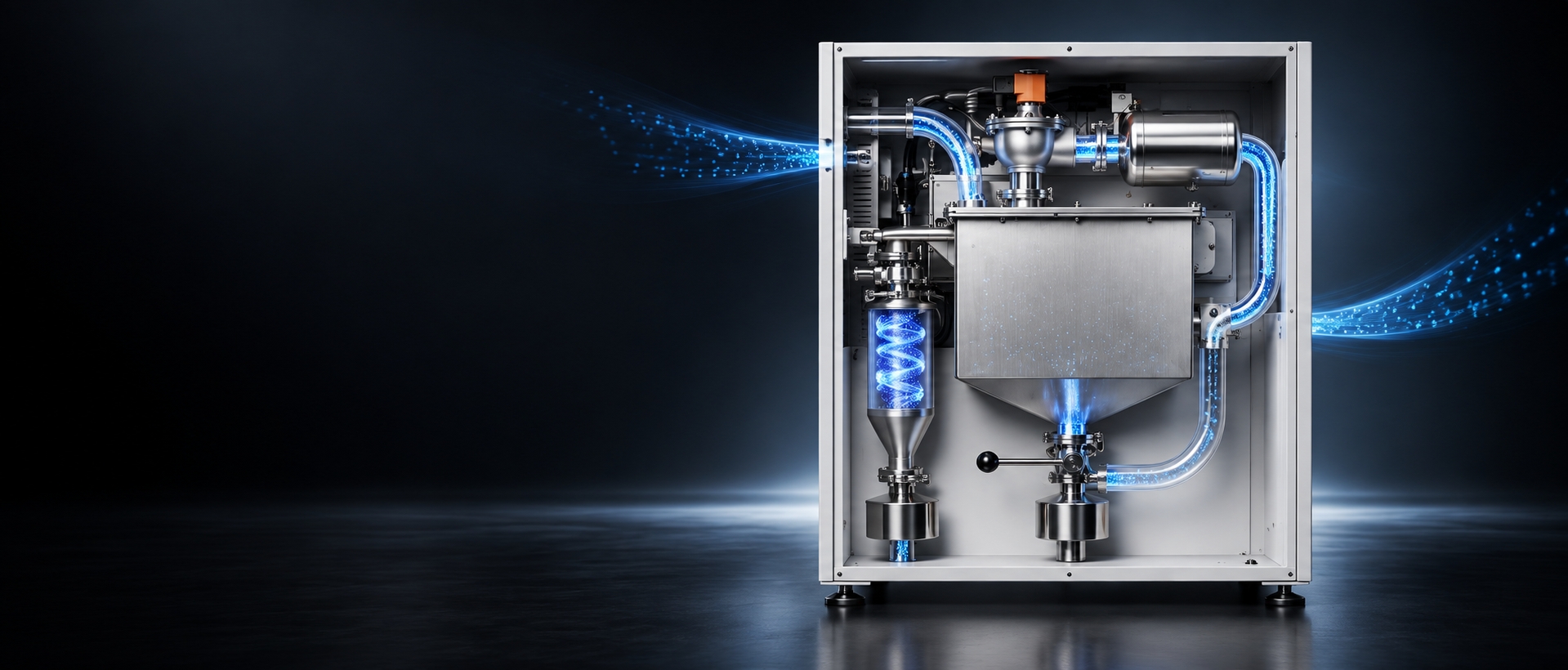 DeskFab X1 permanent filtration system with animated airflow visualization for continuous metal 3D printing operation