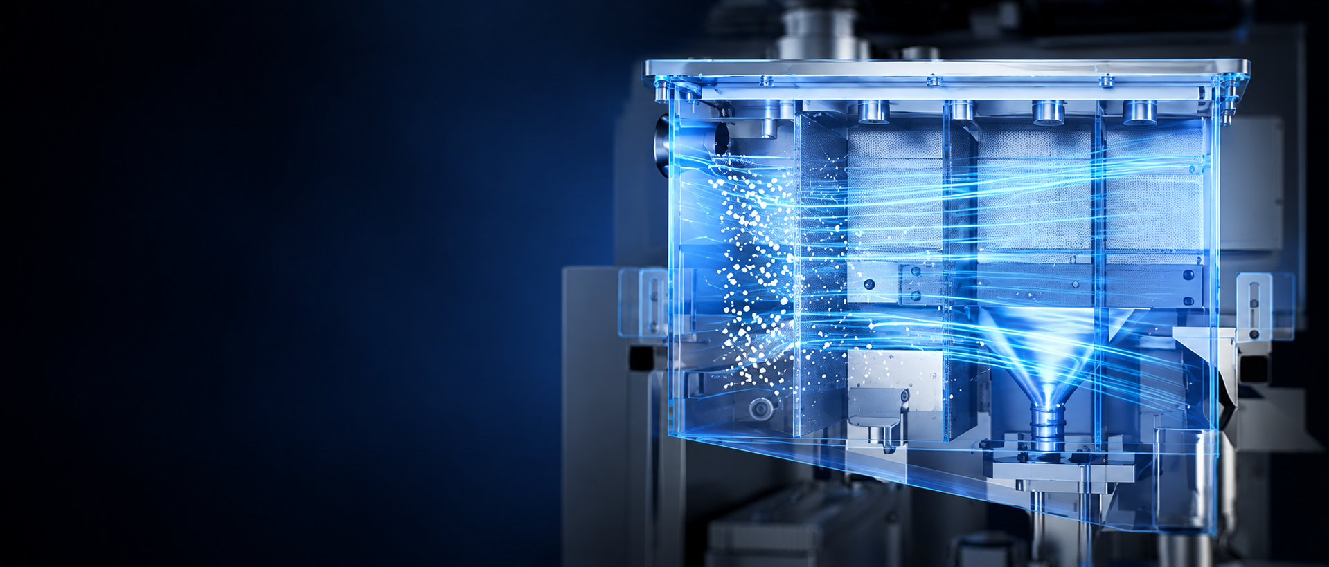 Blue airflow circulating through the X1 metal 3D printer atmosphere control chamber
