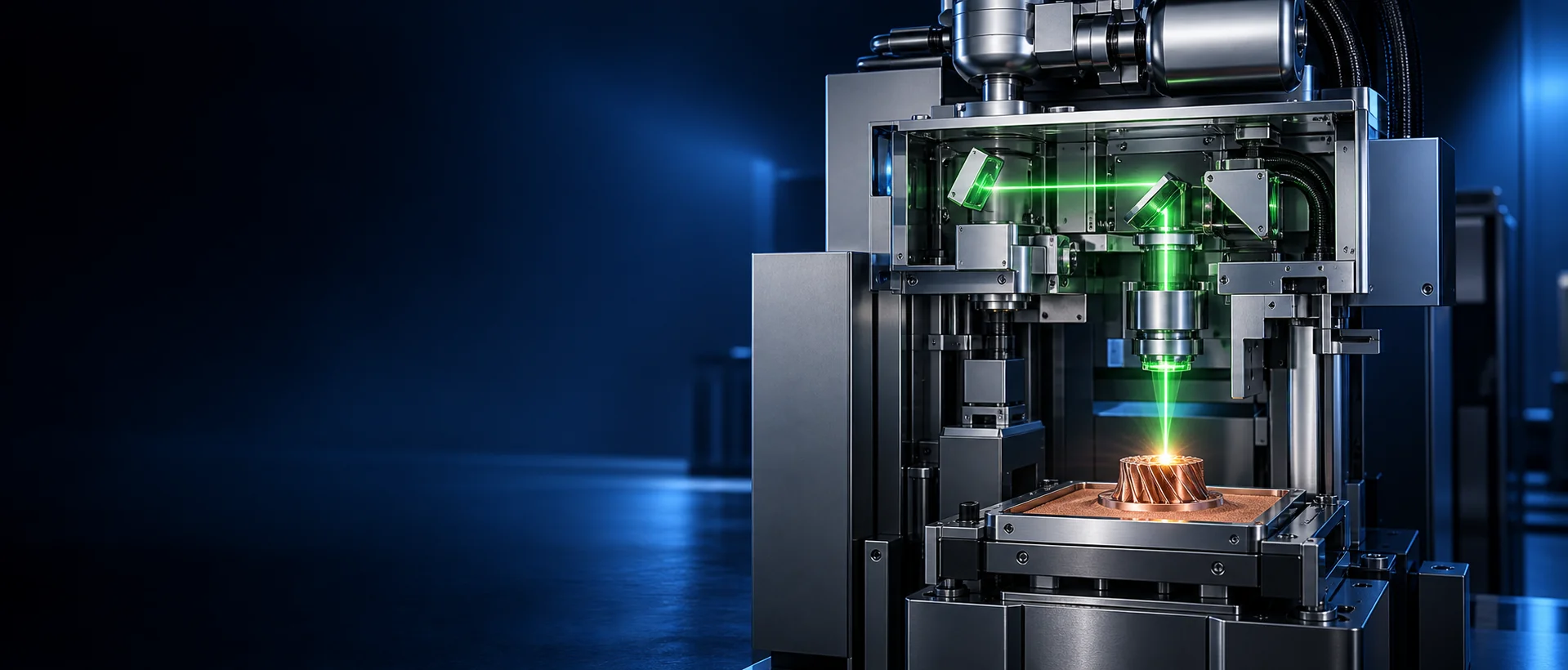 500 W green-laser optical system processing a pure-copper component in an industrial additive manufacturing system.