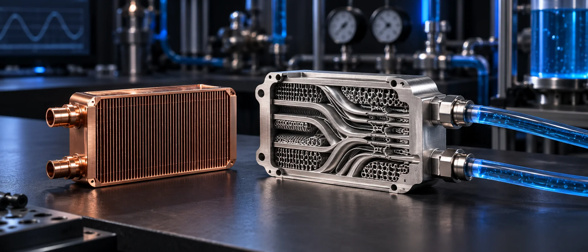 Compact metal heat exchangers featuring dense thin fins and optimized internal coolant flow channels.