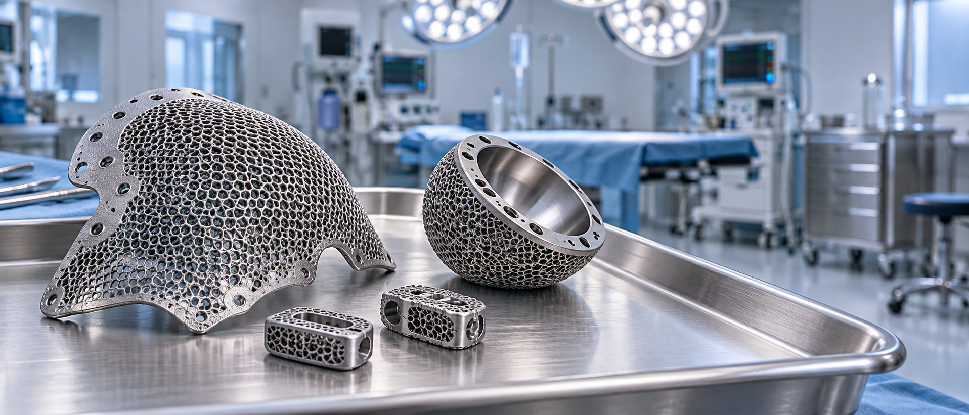 3D printed titanium cranial mesh, acetabular cup and spinal cages in a sterile operating room