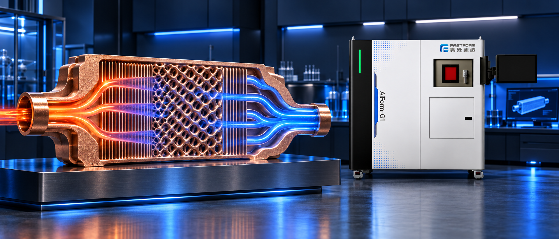 AirForm-G1 producing a copper heat exchanger with expanded surface area and optimized flow paths for uniform cooling.